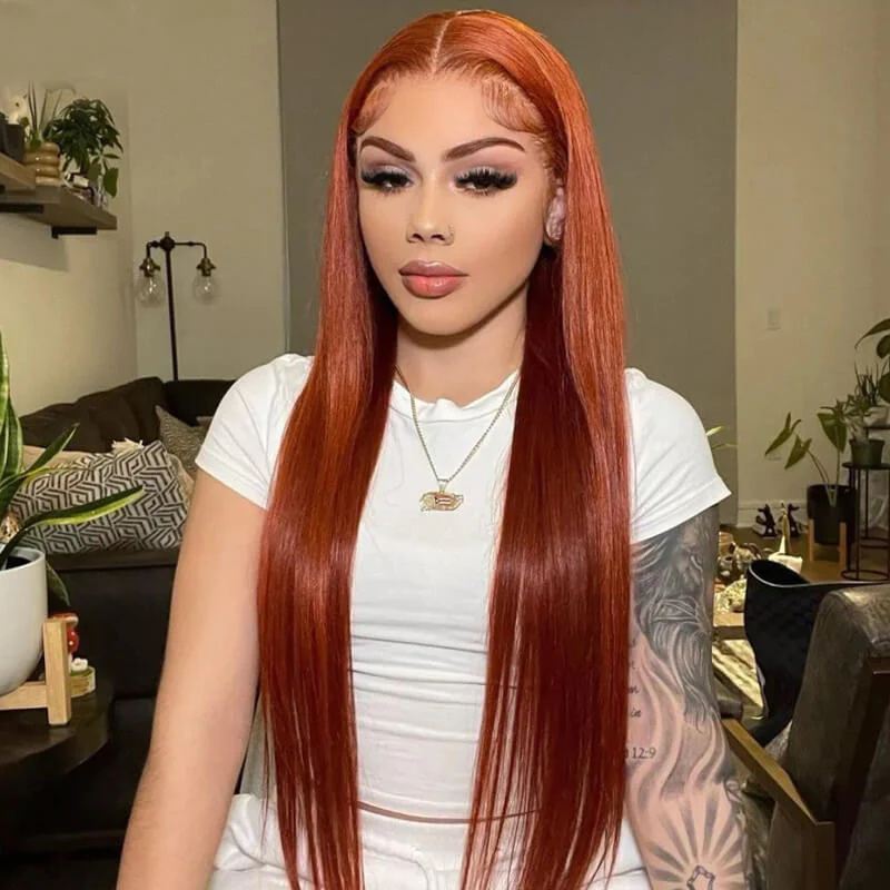 10″ – 40″ Copper Color Straight Human Hair Lace Front Wig
