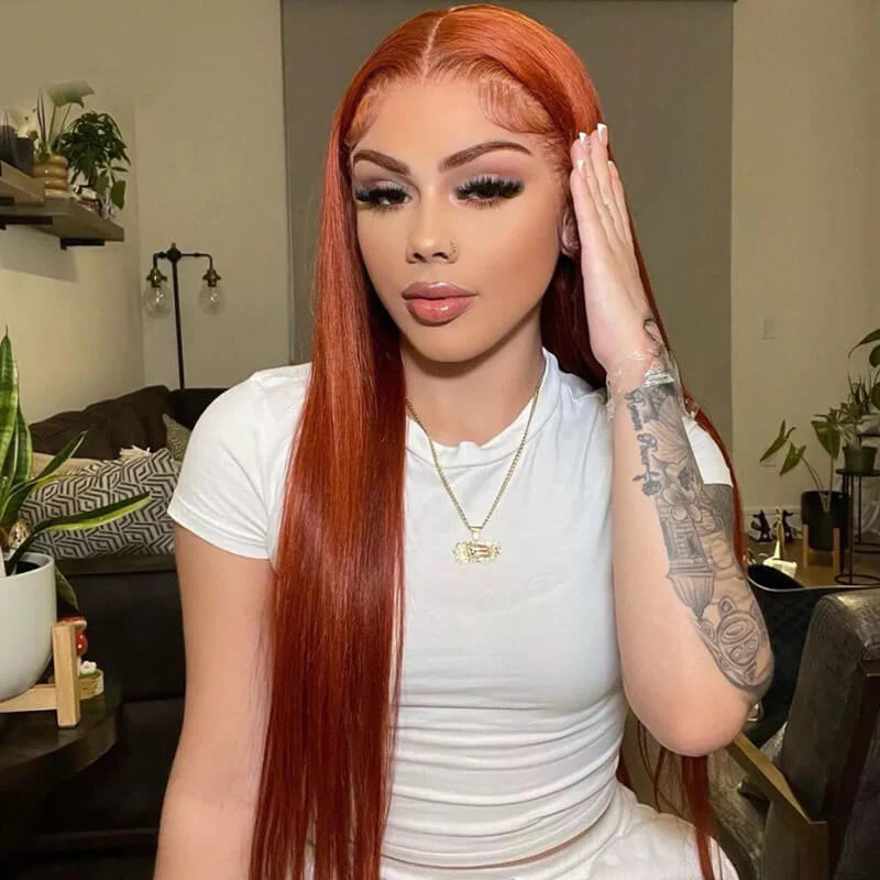 10″ – 40″ Copper Color Straight Human Hair Lace Front Wig