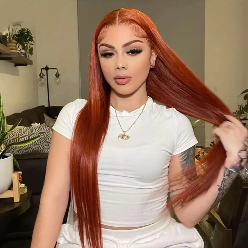 10″ – 40″ Copper Color Straight Human Hair Lace Front Wig