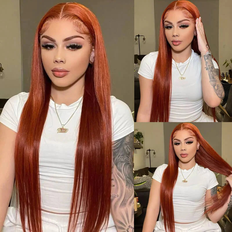 10″ – 40″ Copper Color Straight Human Hair Lace Front Wig