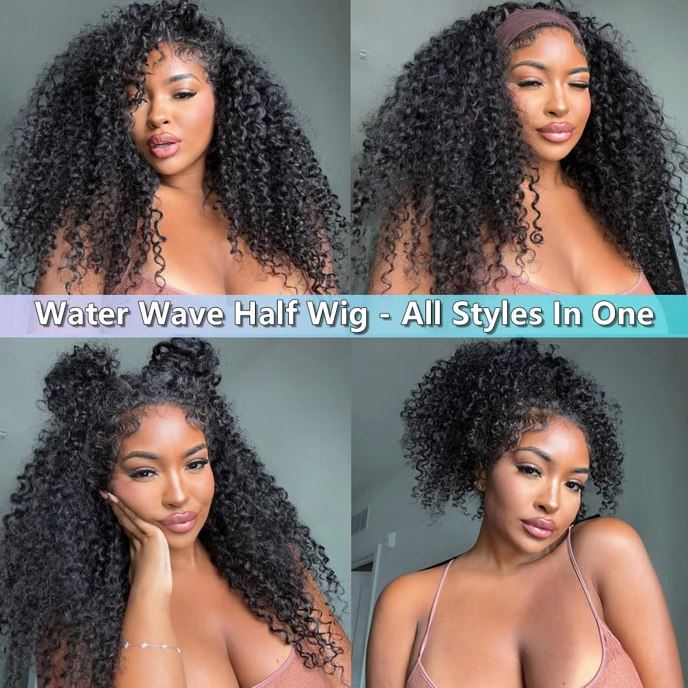 10″ – 40″ Natural Black Color Water Wave Human Hair Drawstring Half Wig