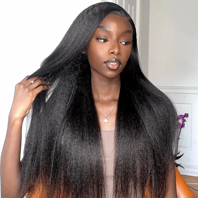 10″ – 40″ Natural Black Color Kinky Straight Human Hair Drawstring Half Wig