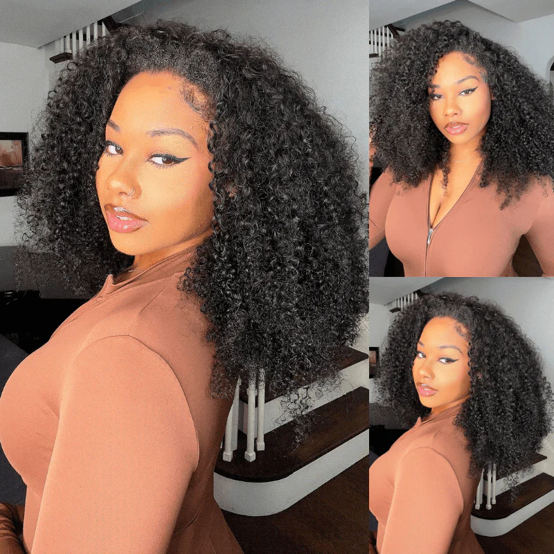 10″ – 40″ Natural Black Color Kinky Curly Human Hair Drawstring Half Wig