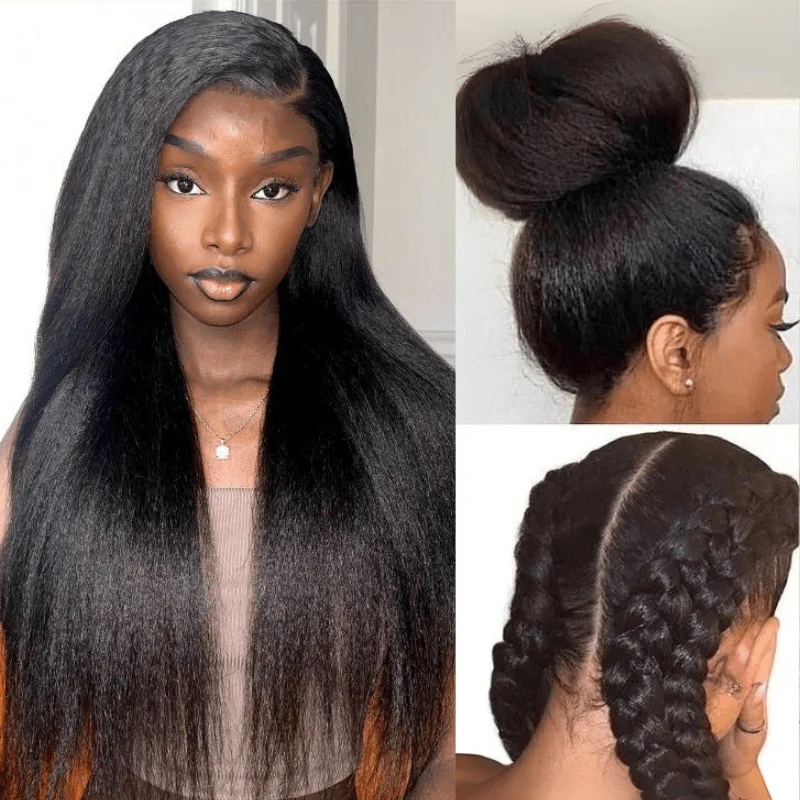 10″ – 40″ Natural Black Color Kinky Straight Human Hair Drawstring Half Wig