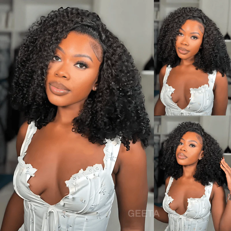 10″ – 40″ Natural Black Color Kinky Curly Human Hair Drawstring Half Wig