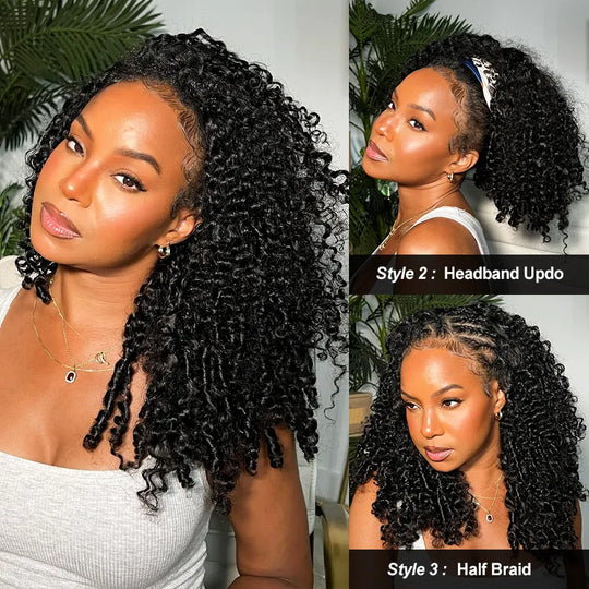 10″ – 40″ Natural Black Color Burmese Curly Human Hair Drawstring Half Wig