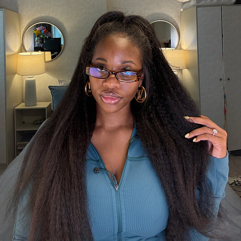 10″ – 40″ Natural Black Color Kinky Straight Human Hair Drawstring Half Wig