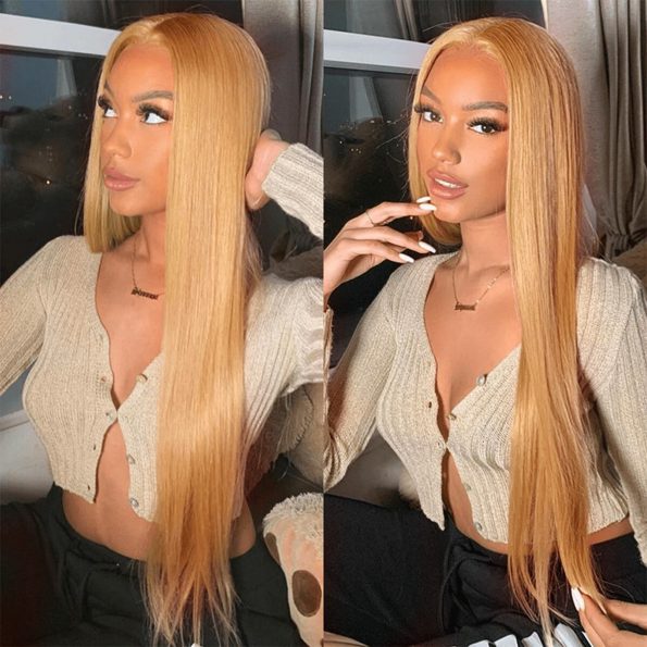 10″ – 40″ #27 Color Natural Straight Human Hair Lace Front Wig
