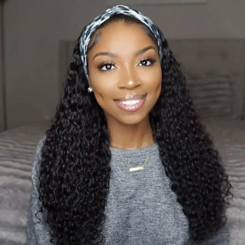 10″ – 40″ Natural Black Color Water Wave Human Hair Headband Wig