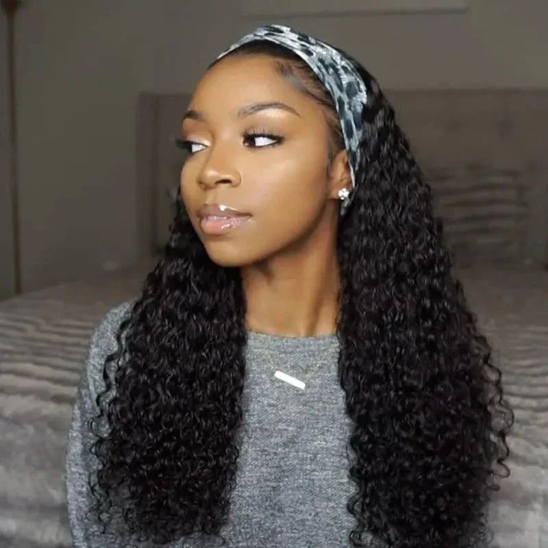 10″ – 40″ Natural Black Color Water Wave Human Hair Headband Wig