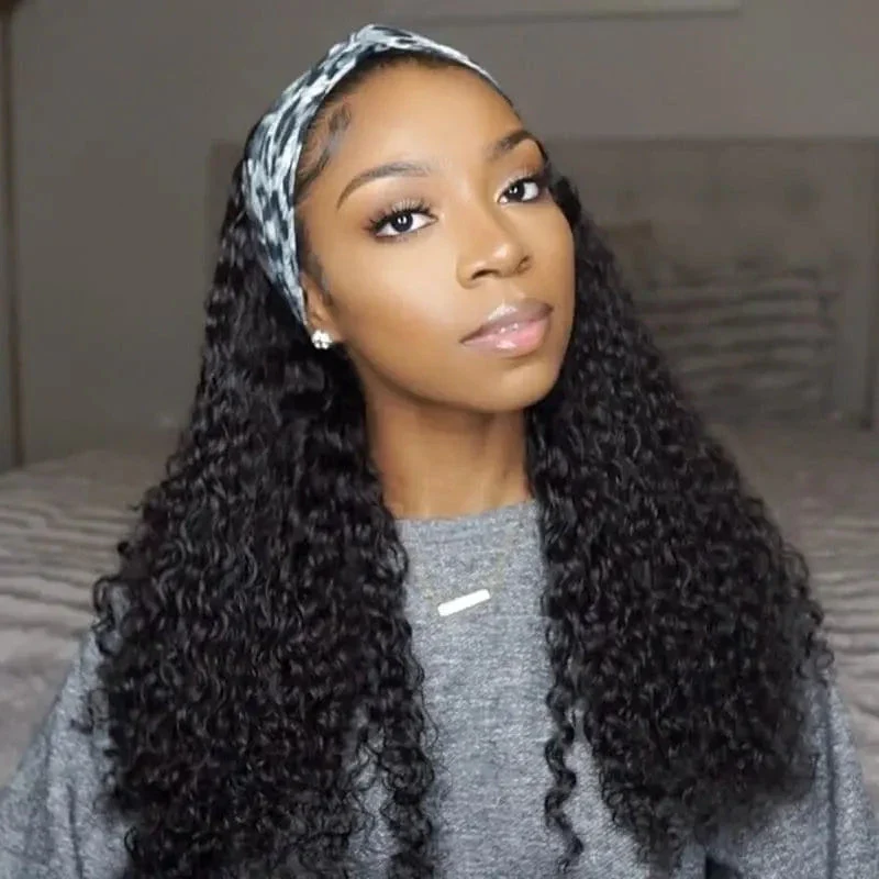 10″ – 40″ Natural Black Color Water Wave Human Hair Headband Wig