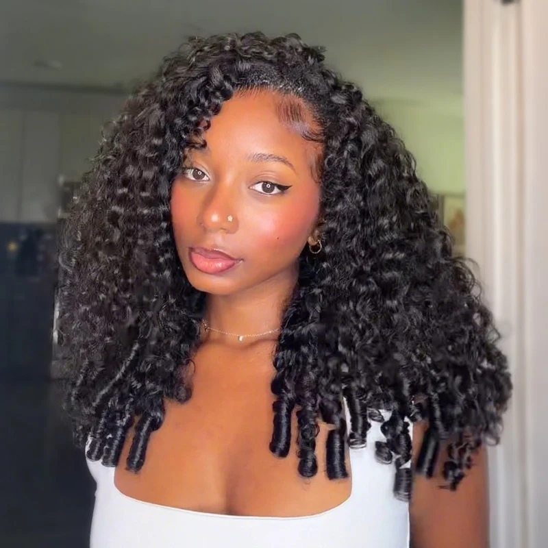 10″ – 40″ Natural Black Color Burmese Curly Human Hair Drawstring Half Wig