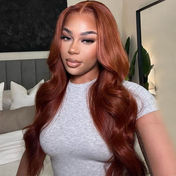 10″ – 40″ Reddish Brown Color Body Wave Human Hair Lace Front Wig