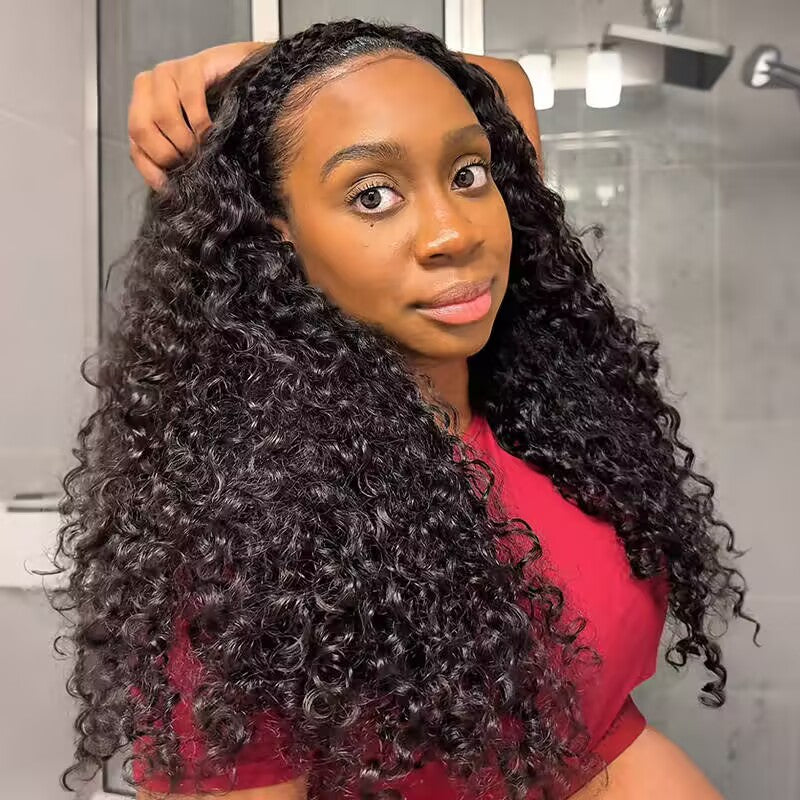 10″ – 40″ Natural Black Color Ripple Wave Human Hair Drawstring Half Wig