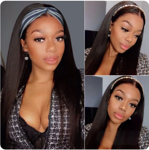 10″ – 40″ Natural Black Color Straight Human Hair Headband Wig