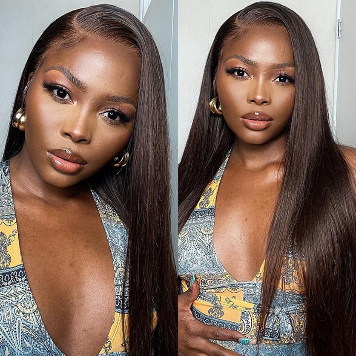 10″ – 40″ Dark Brown Color Straight Human Hair Lace Front Wig