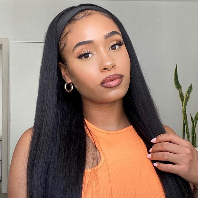 10″ – 40″ Natural Black Color Straight Human Hair Headband Wig