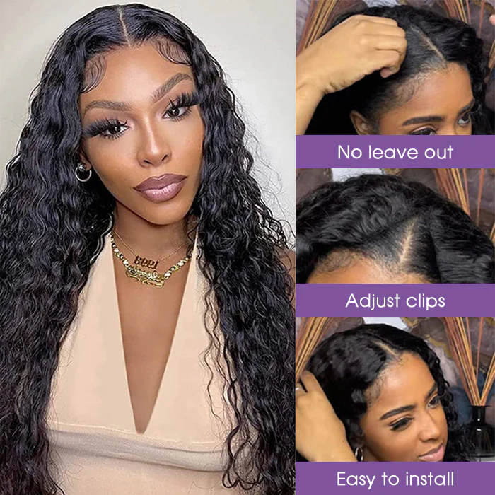 10″ – 40″ Natural Black Color Water Wave Human Hair U / V Part Wig