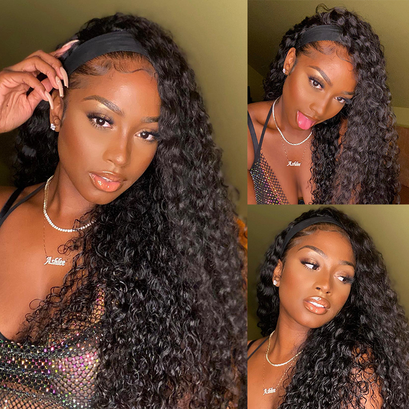 10″ – 40″ Natural Black Color Water Wave Human Hair Headband Wig