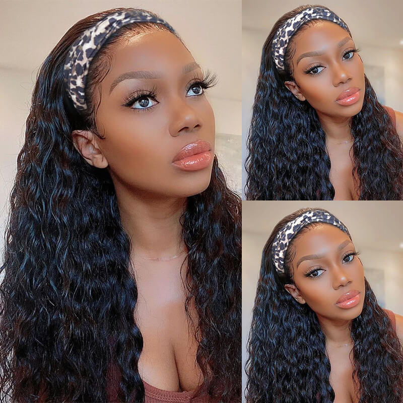 10″ – 40″ Natural Black Color Water Wave Human Hair Headband Wig