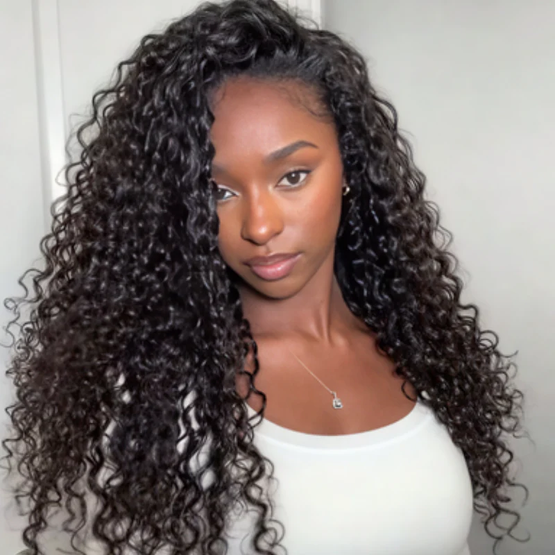 10″ – 40″ Natural Black Color Ripple Wave Human Hair Drawstring Half Wig