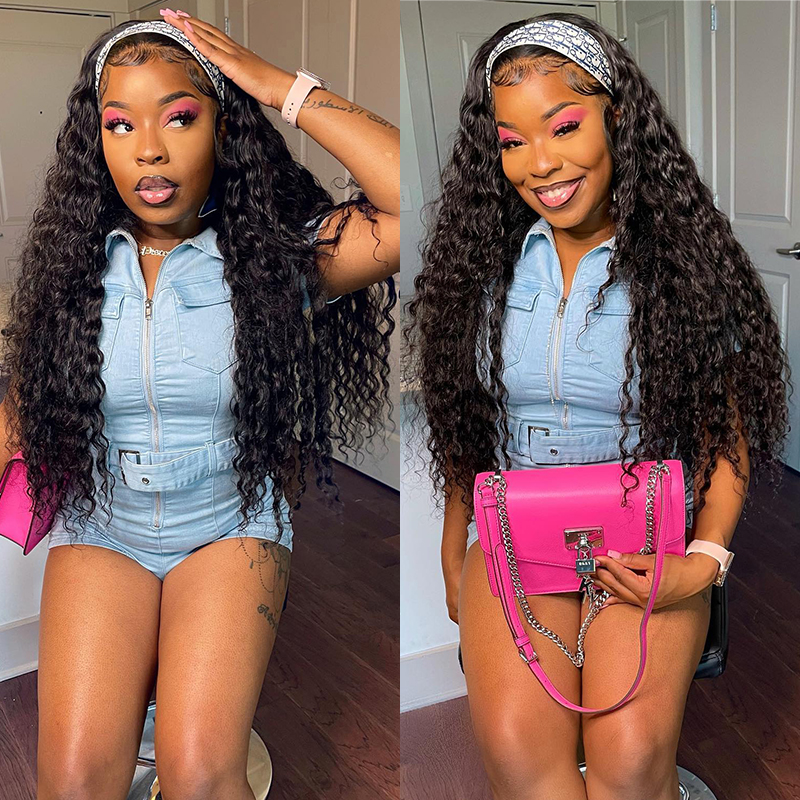 10″ – 40″ Natural Black Color Water Wave Human Hair Headband Wig