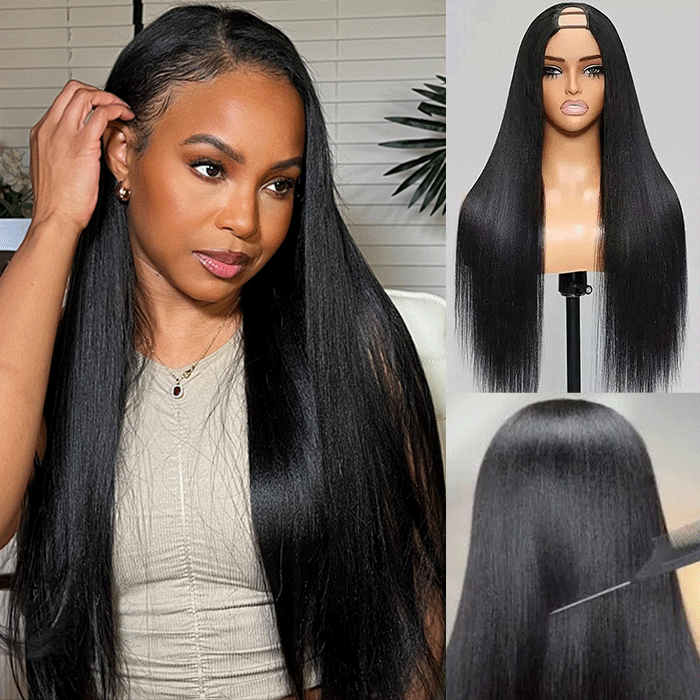 10″ – 40″ Natural Black Color Kinky Straight Human Hair U / V Part Wig