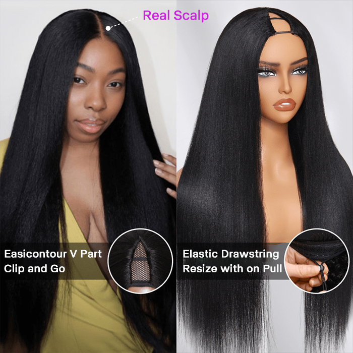 10″ – 40″ Natural Black Color Kinky Straight Human Hair U / V Part Wig