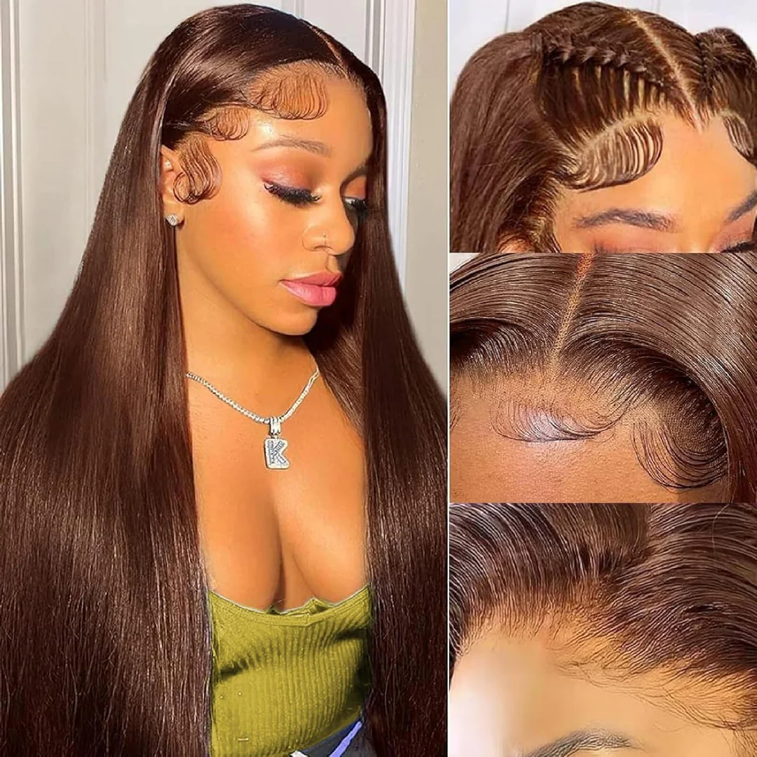 10″ – 40″ Medium Brown Color Straight Human Hair Lace Front Wig