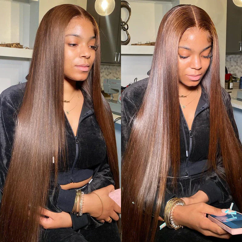 10″ – 40″ Medium Brown Color Straight Human Hair Lace Front Wig
