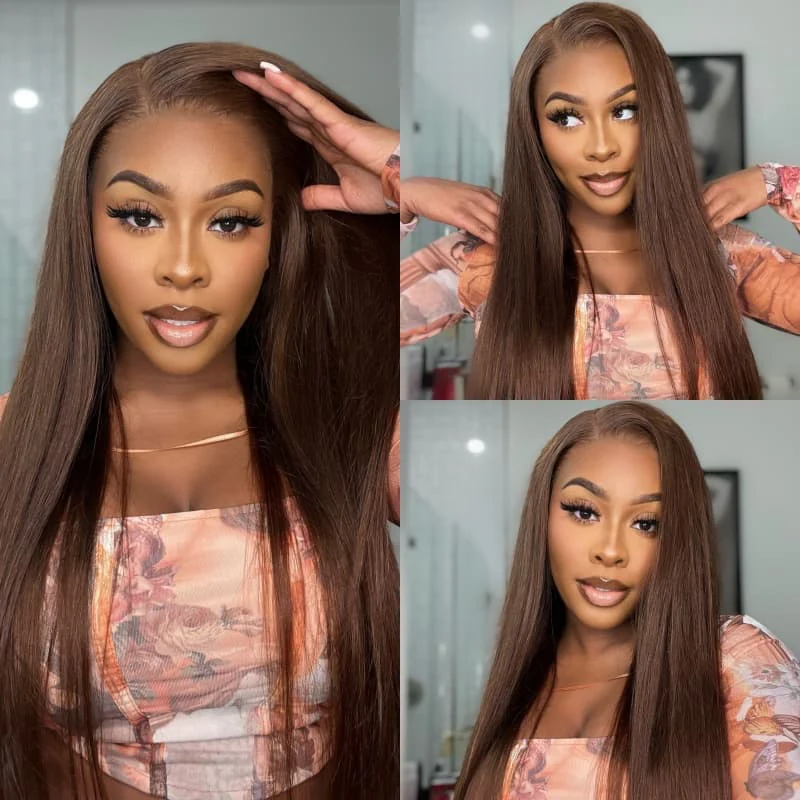 10″ – 40″ Medium Brown Color Straight Human Hair Lace Front Wig