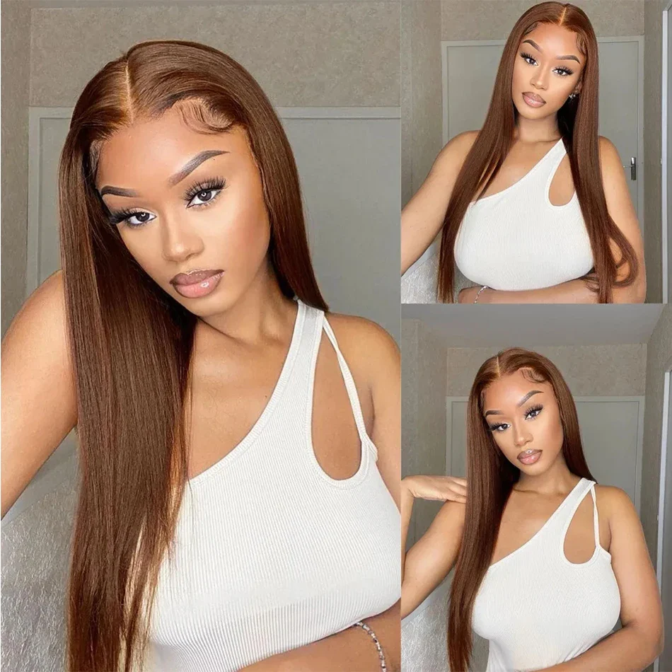 10″ – 40″ Medium Brown Color Straight Human Hair Lace Front Wig