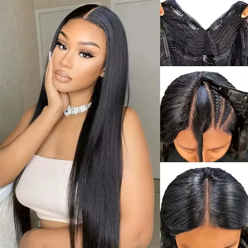 10″ – 40″ Natural Black Color Straight Human Hair U / V Part Wig