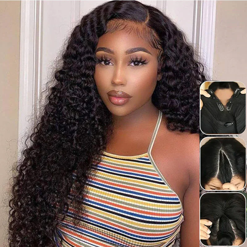 10″ – 40″ Natural Black Color Bohemian Curly Human Hair U / V Part Wig