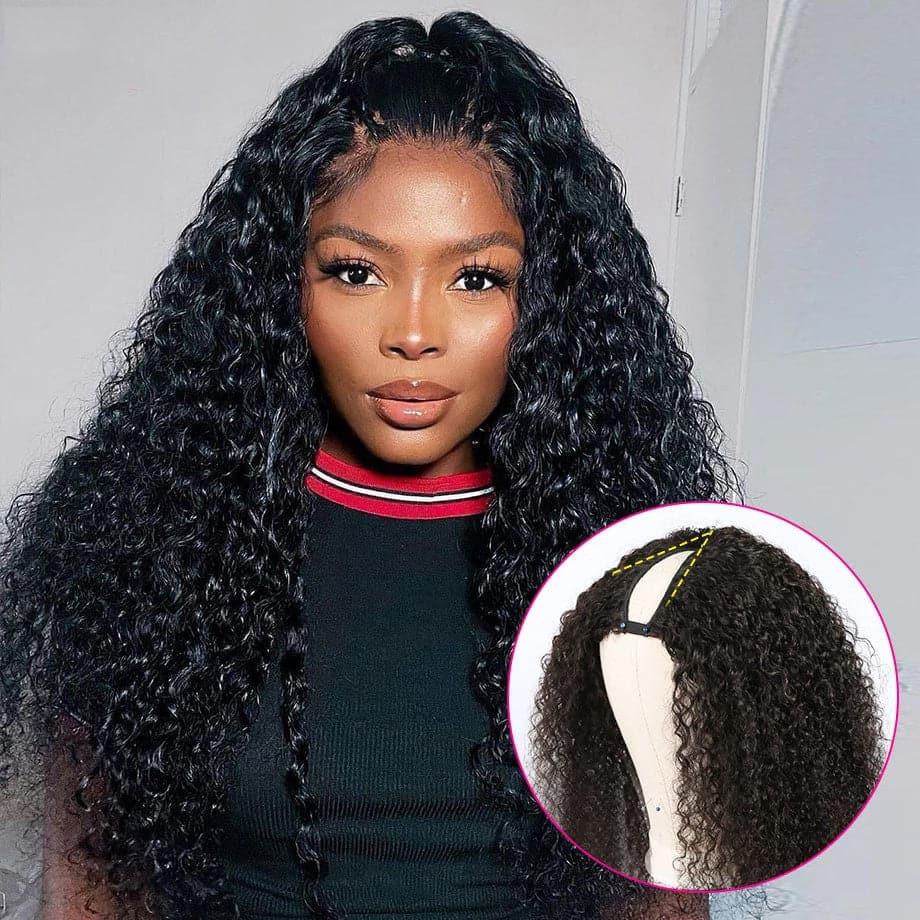 10″ – 40″ Natural Black Color Bohemian Curly Human Hair U / V Part Wig