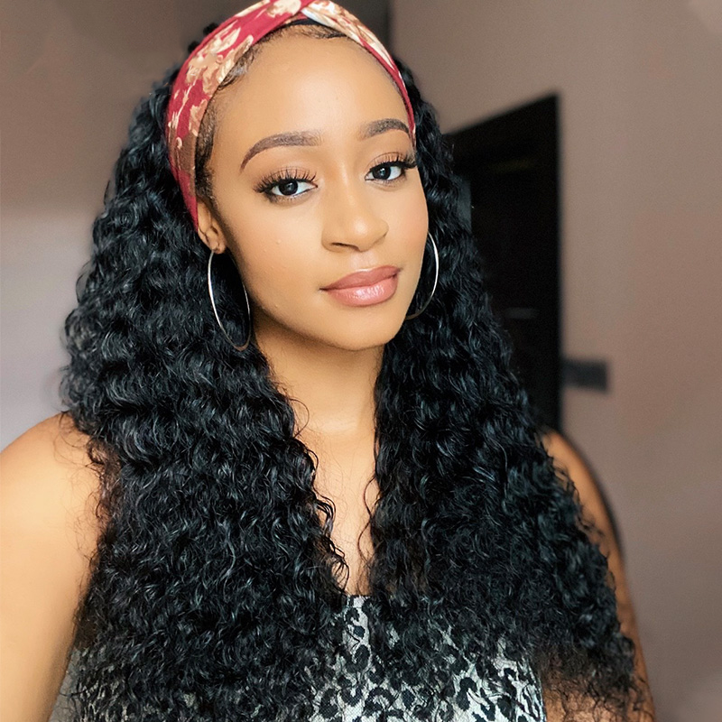 10″ – 40″ Natural Black Color Deep Curly Human Hair Headband Wig