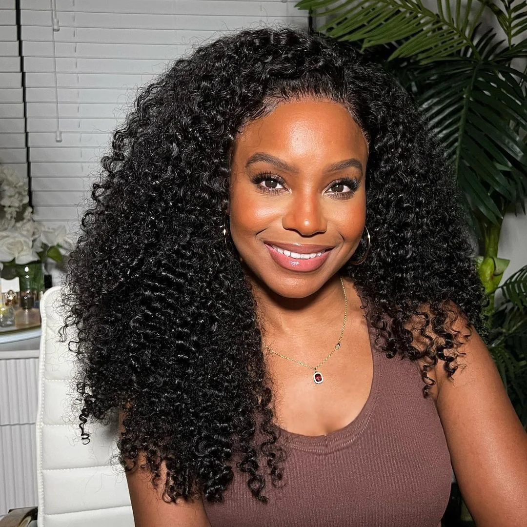 10″ – 40″ Natural Black Color Kinky Curly Human Hair Lace Front Wig