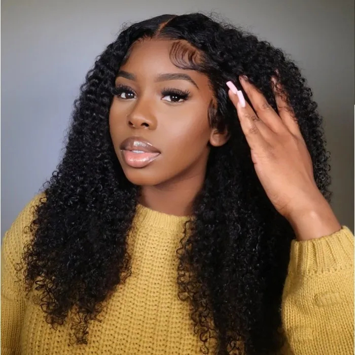 10″ – 40″ Natural Black Color Kinky Curly Human Hair Lace Front Wig