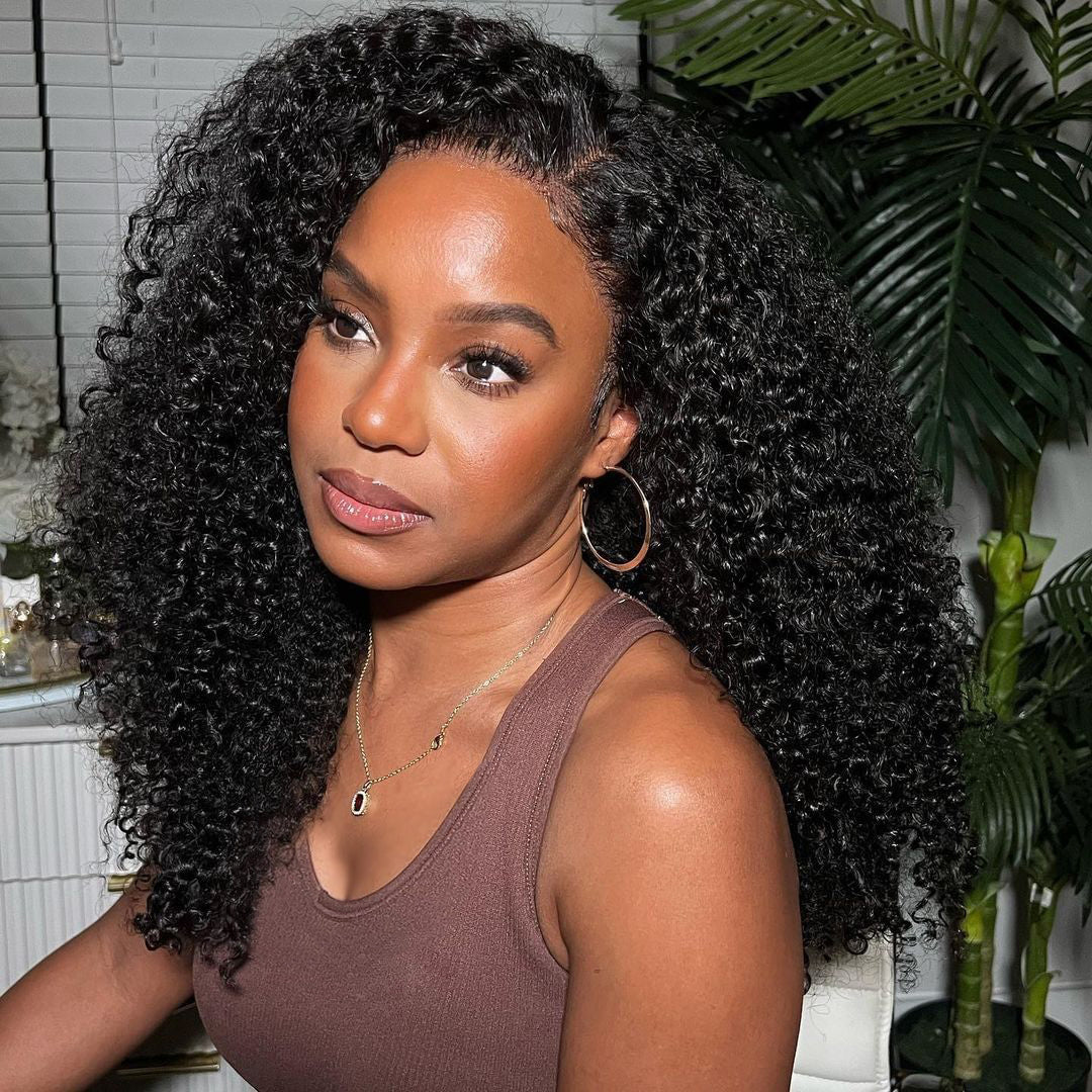 10″ – 40″ Natural Black Color Kinky Curly Human Hair Lace Front Wig