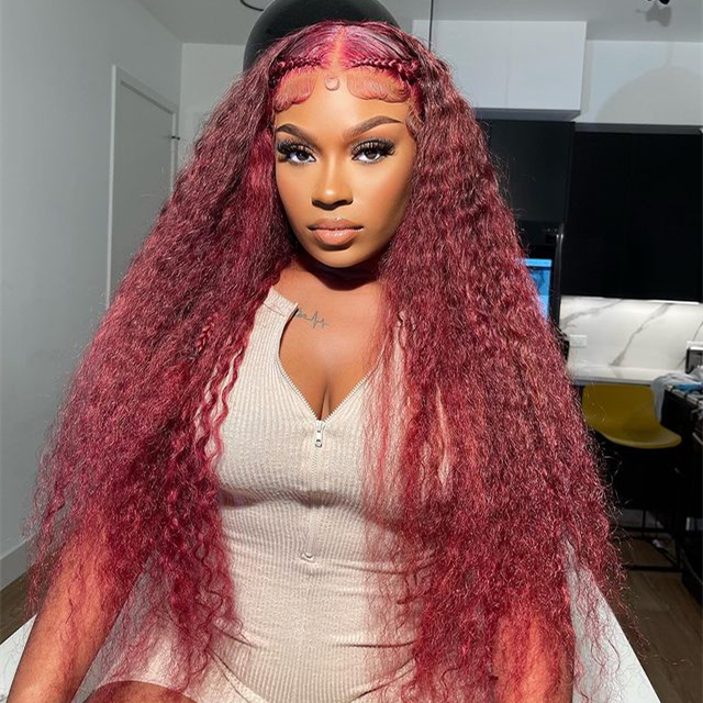10″ – 40″ 99J Color Deep Curly Human Hair Lace Front Wig