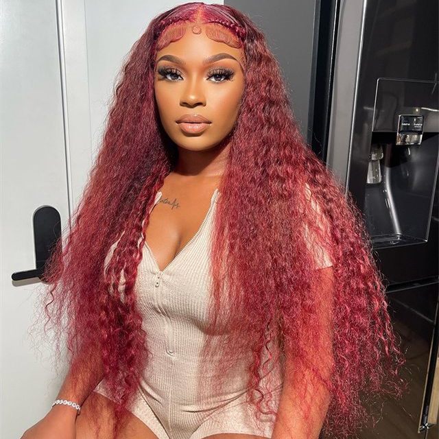 10″ – 40″ 99J Color Deep Curly Human Hair Lace Front Wig