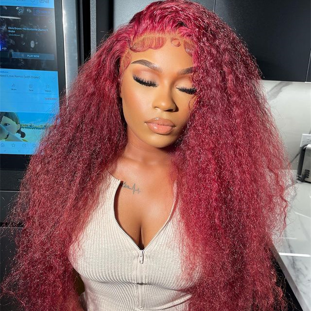 10″ – 40″ 99J Color Deep Curly Human Hair Lace Front Wig