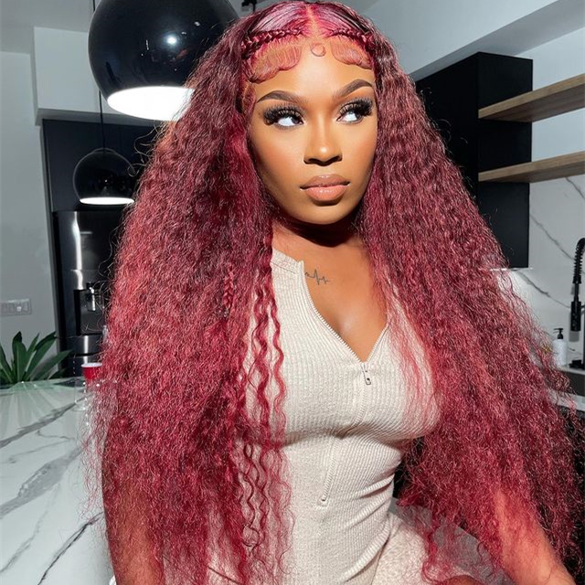 10″ – 40″ 99J Color Deep Curly Human Hair Lace Front Wig