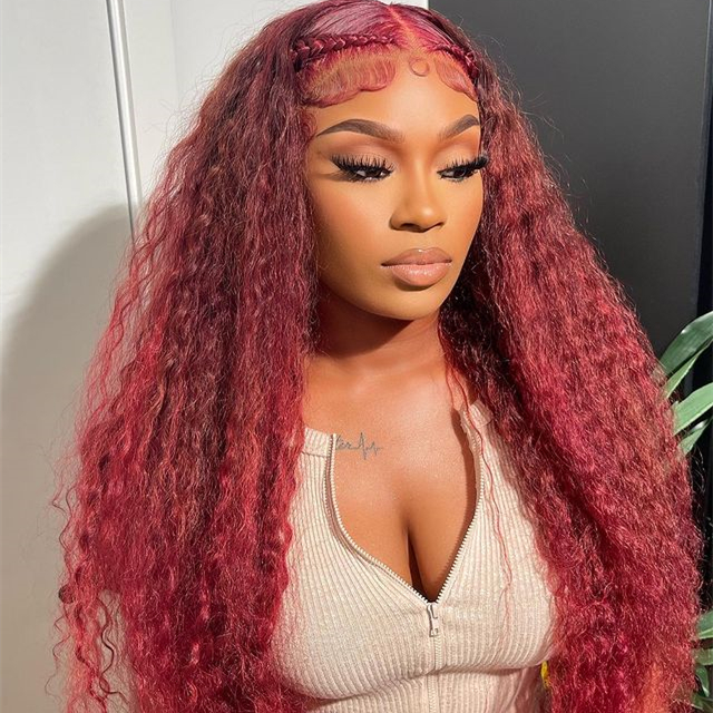10″ – 40″ 99J Color Deep Curly Human Hair Lace Front Wig