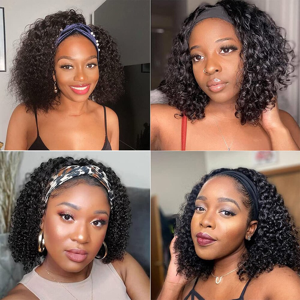 10″ – 14″ Natural Black Color Deep Wave Bob Human Hair Headband Wig