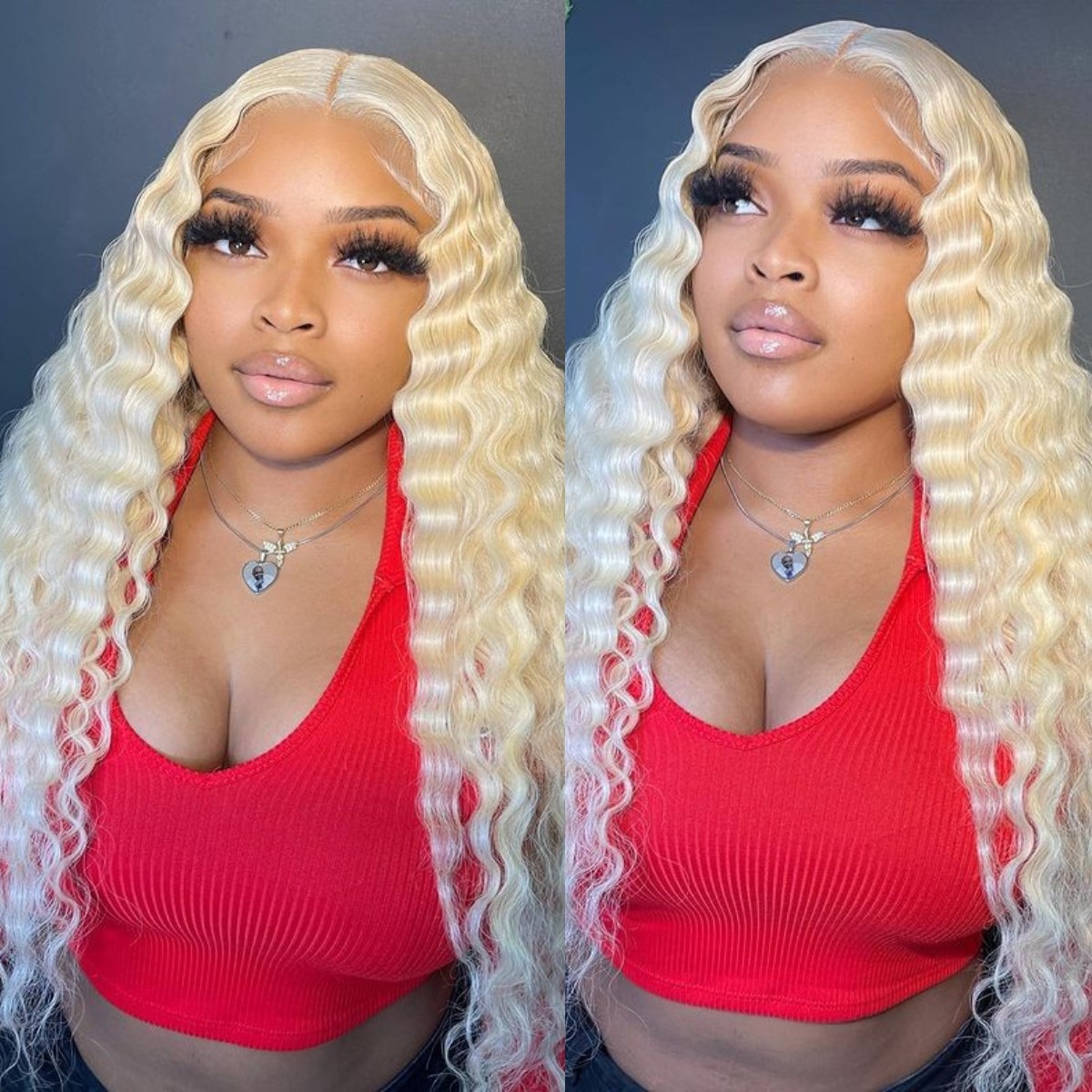 10″ – 40″ #613 Blonde Color Deep Wave Human Hair Lace Front Wig