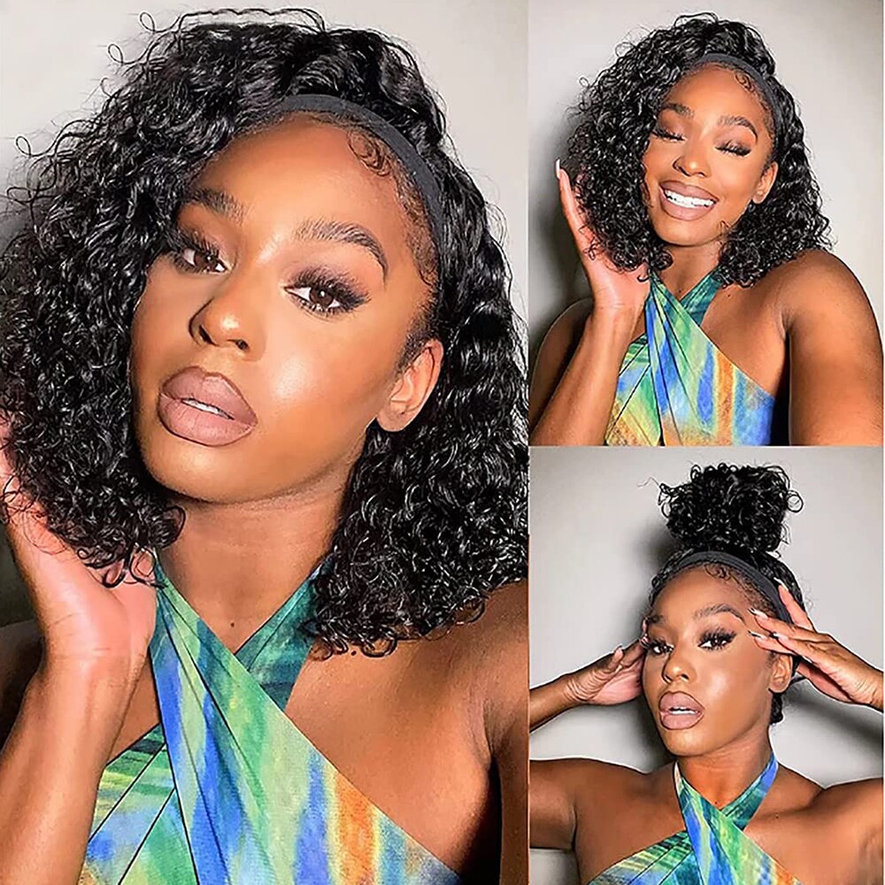 10″ – 14″ Natural Black Color Deep Wave Bob Human Hair Headband Wig