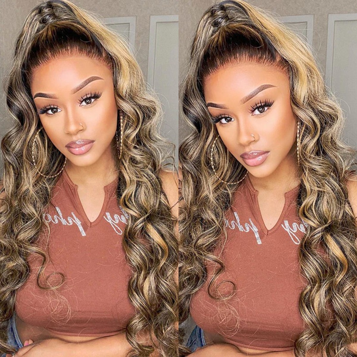 10″ – 40″ Highlight Color Body Wave Human Hair Lace Front Wig