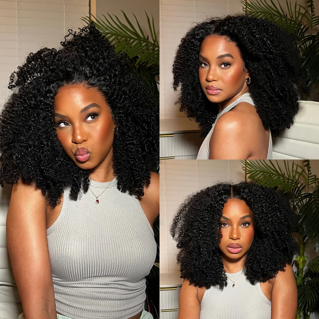 10″ – 40″ Natural Black Color Kinky Curly Human Hair Lace Front Wig