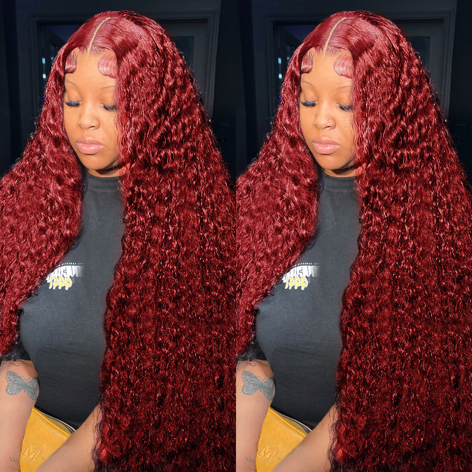 10″ – 40″ #99J & Burgundy Color Deep Wave Human Hair Lace Front Wig